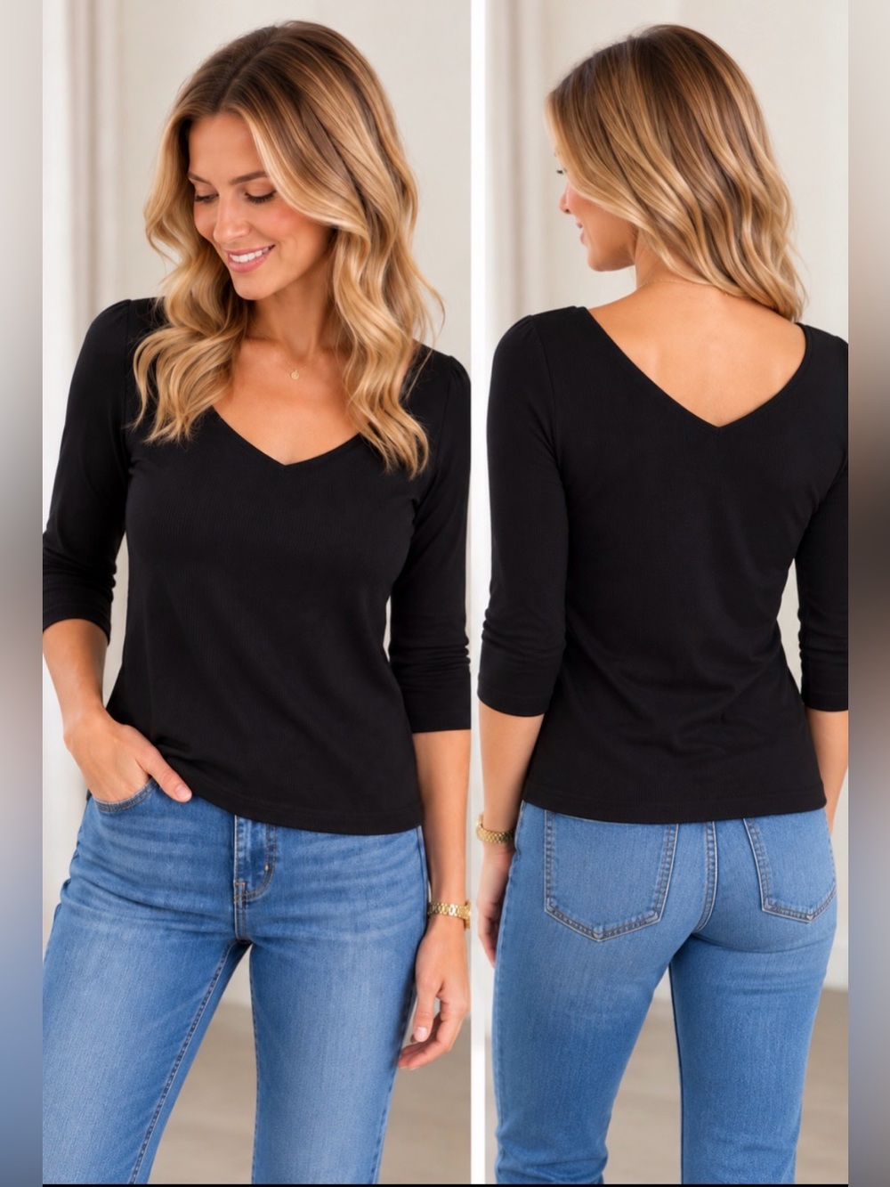 Liverpool Black Rib Knit V-Neck Front & Back Top Medium